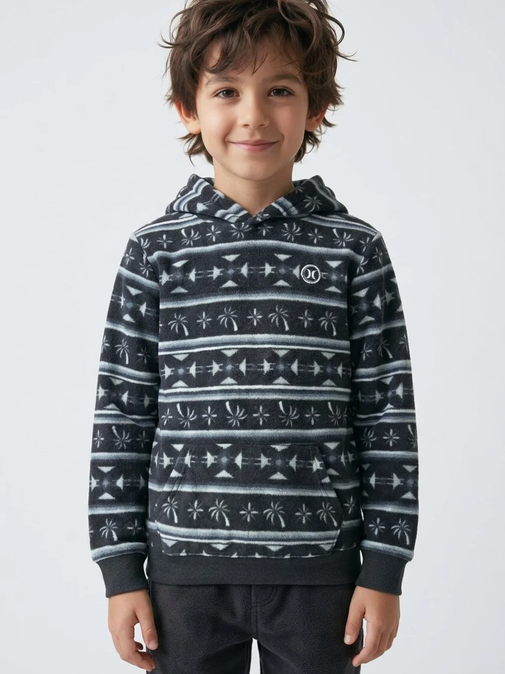 Hurley Black & Gray Patterned Kids Hooded Pullover